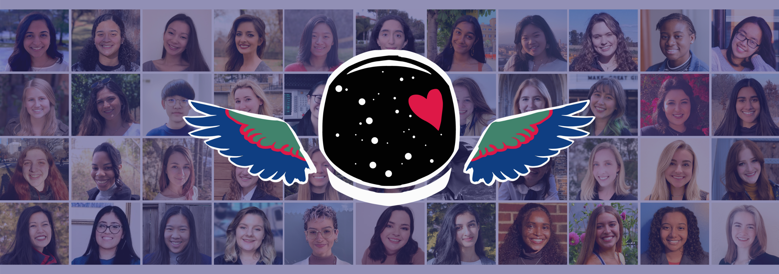 Brooke Owens Fellowship logo of an astronaut helmet with wings, on a background of a collage of photos of women.