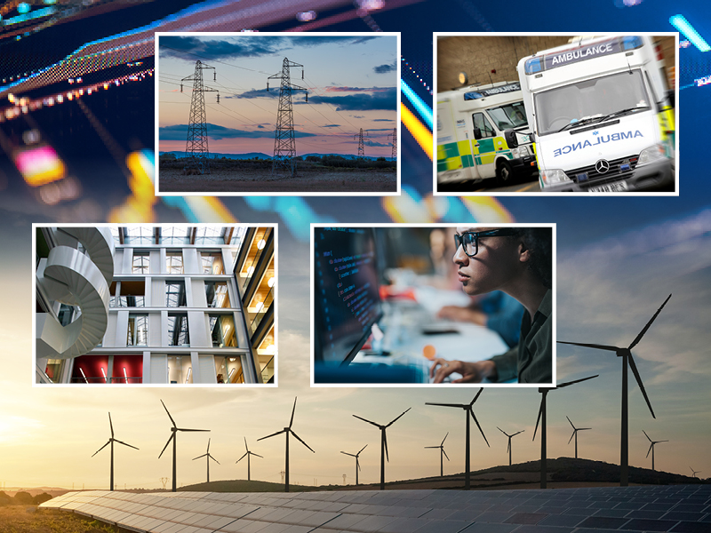 Background image of wind farm with forefront images of electric pylon, ambulance, inside the Informatics Forum and researcher