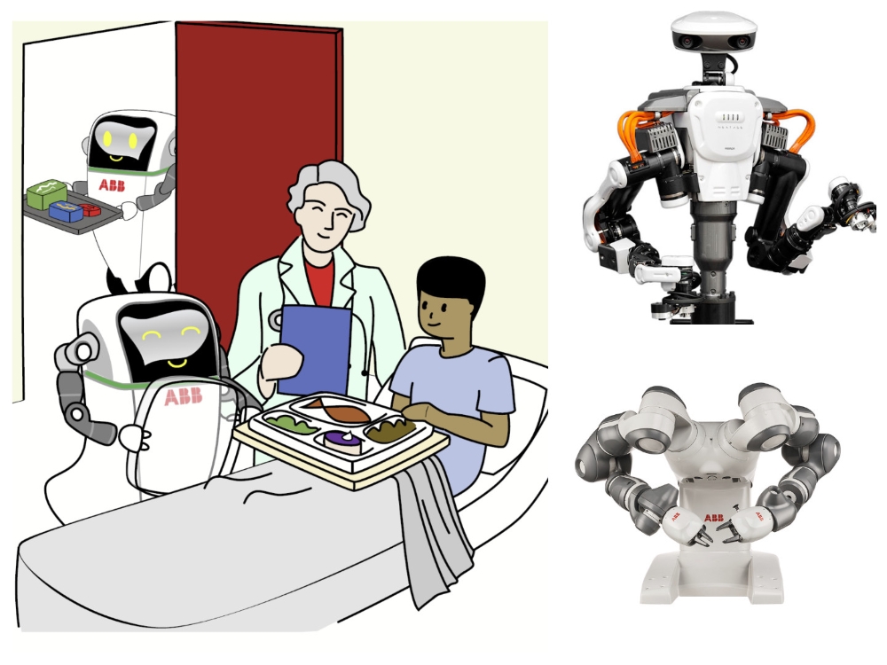 Person sat in hospital bed eating meal with doctor holding clipboard and robot next to bed.