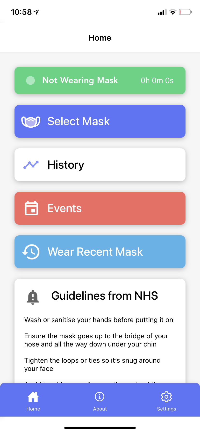 Screenshot of MaskIt app including options Select Mask, History, Event and Wear Recent Mask.