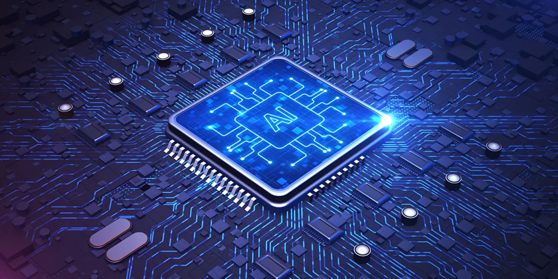 AI microchip embedded in an intricate blue circuit board, advanced artificial intelligence, futuristic computing, and digital innovation. Big data transmission connection background 3d Rendering