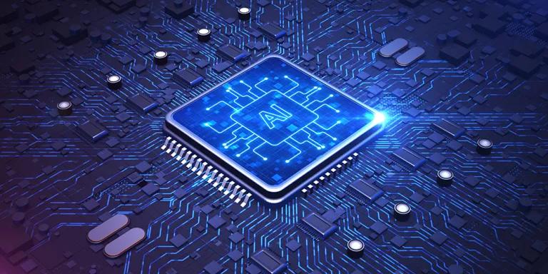 AI microchip embedded in an intricate blue circuit board, advanced artificial intelligence, futuristic computing, and digital innovation. Big data transmission connection background 3d Rendering
