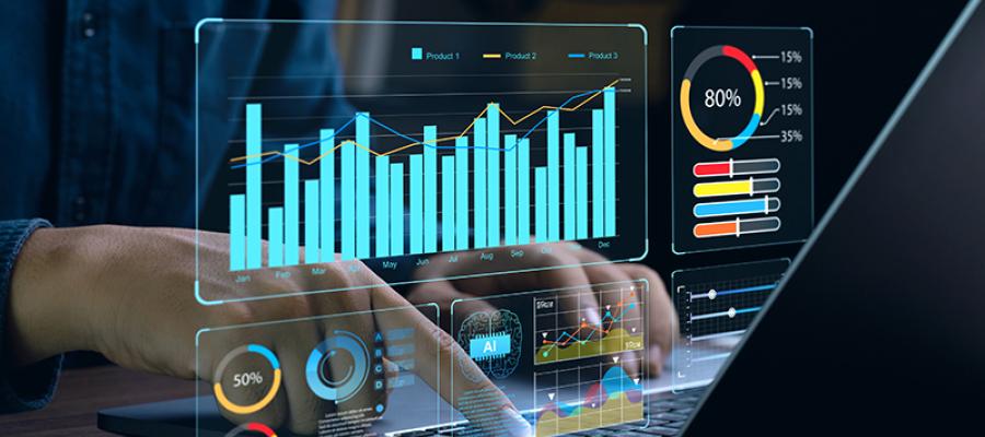 Businessman works on laptop Showing business analytics dashboard with charts, metrics, and KPI to analyze performance and create insight reports for operations management. Data analysis concept.Ai