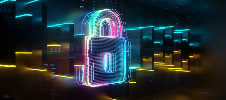 Digital lock on future tech background. Security and safety Evolution. Futuristic lock and digital chart in world of technological progress and innovation. CGI 3D render