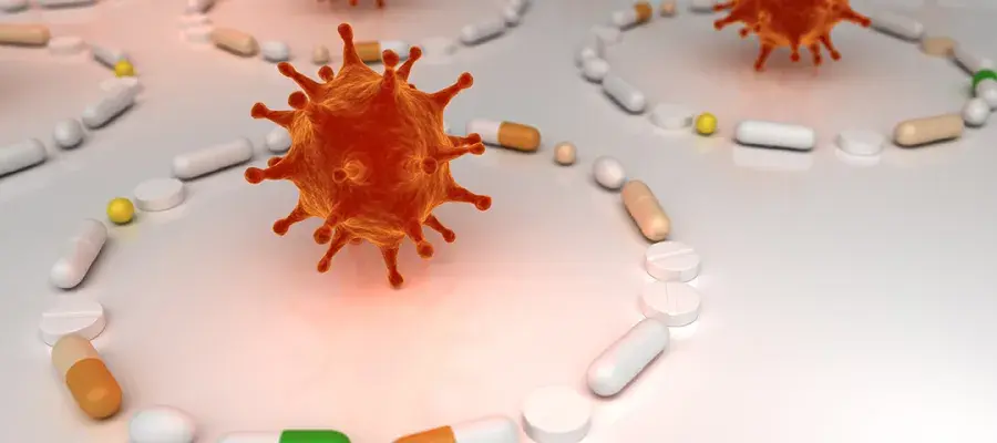 Antibiotic resistant virus as a deadly mutated viral cell attacking a pharmaceutical pill