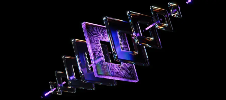 Abstract arrangement of transparent geometric shapes with glowing purple accents on a black backdrop, evoking futuristic and technological concepts with a visually striking aesthetic.