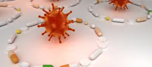 Antibiotic resistant virus as a deadly mutated viral cell attacking a pharmaceutical pill