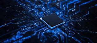 Processor chip on circuit board with copy space for design.