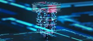 High-tech quantum computing core with layered qubit structures and holographic data flows. Ideal for representing quantum technology, next-generation computing, data science, and theoretical physics in modern tech visuals.