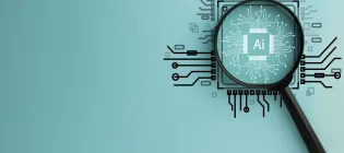 Magnifying Glass Focused on Circuit Board with AI Word, Representing Artificial Intelligence and Technology Innovation.