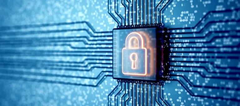 Electronic quantum computer microchip with lock icon. Internet security and privacy network technology. Encryption and safe data concept. Circuit board. 3d render.