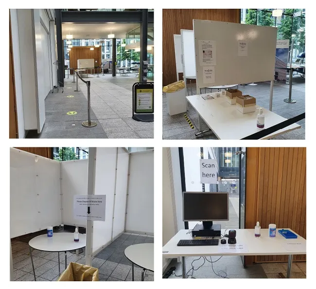 Collage of photos depicting a testing facility