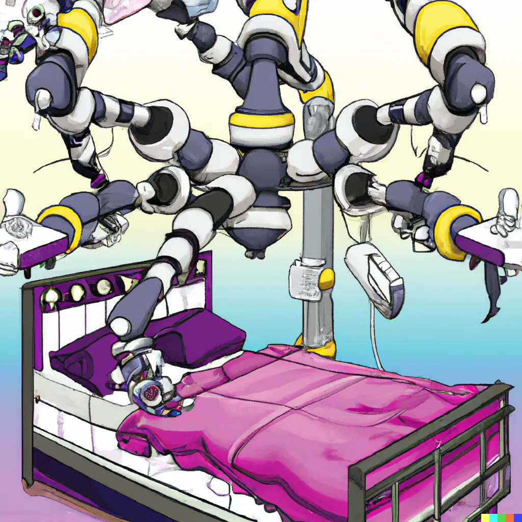 Cartoon of a bed with a magenta spread with multiple robotic articulated arms hovering over it.