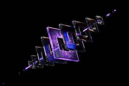 Abstract arrangement of transparent geometric shapes with glowing purple accents on a black backdrop, evoking futuristic and technological concepts with a visually striking aesthetic.