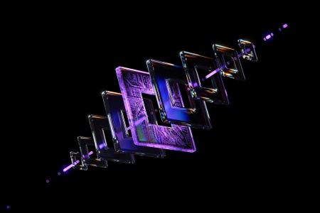 Abstract arrangement of transparent geometric shapes with glowing purple accents on a black backdrop, evoking futuristic and technological concepts with a visually striking aesthetic.