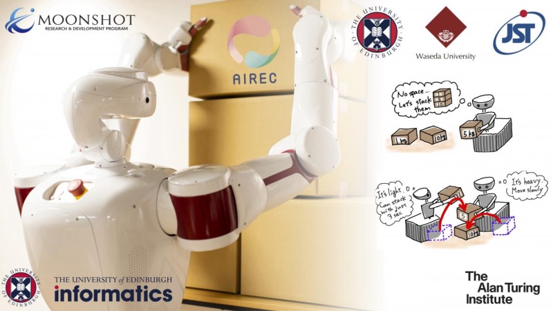 AIREC robot, from Future Robotics Organisation in Waseda University, helping organising and carefully stacking packages, without knowing its weight and content.