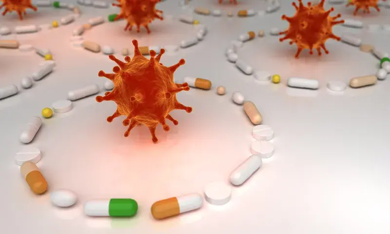 Antibiotic resistant virus as a deadly mutated viral cell attacking a pharmaceutical pill