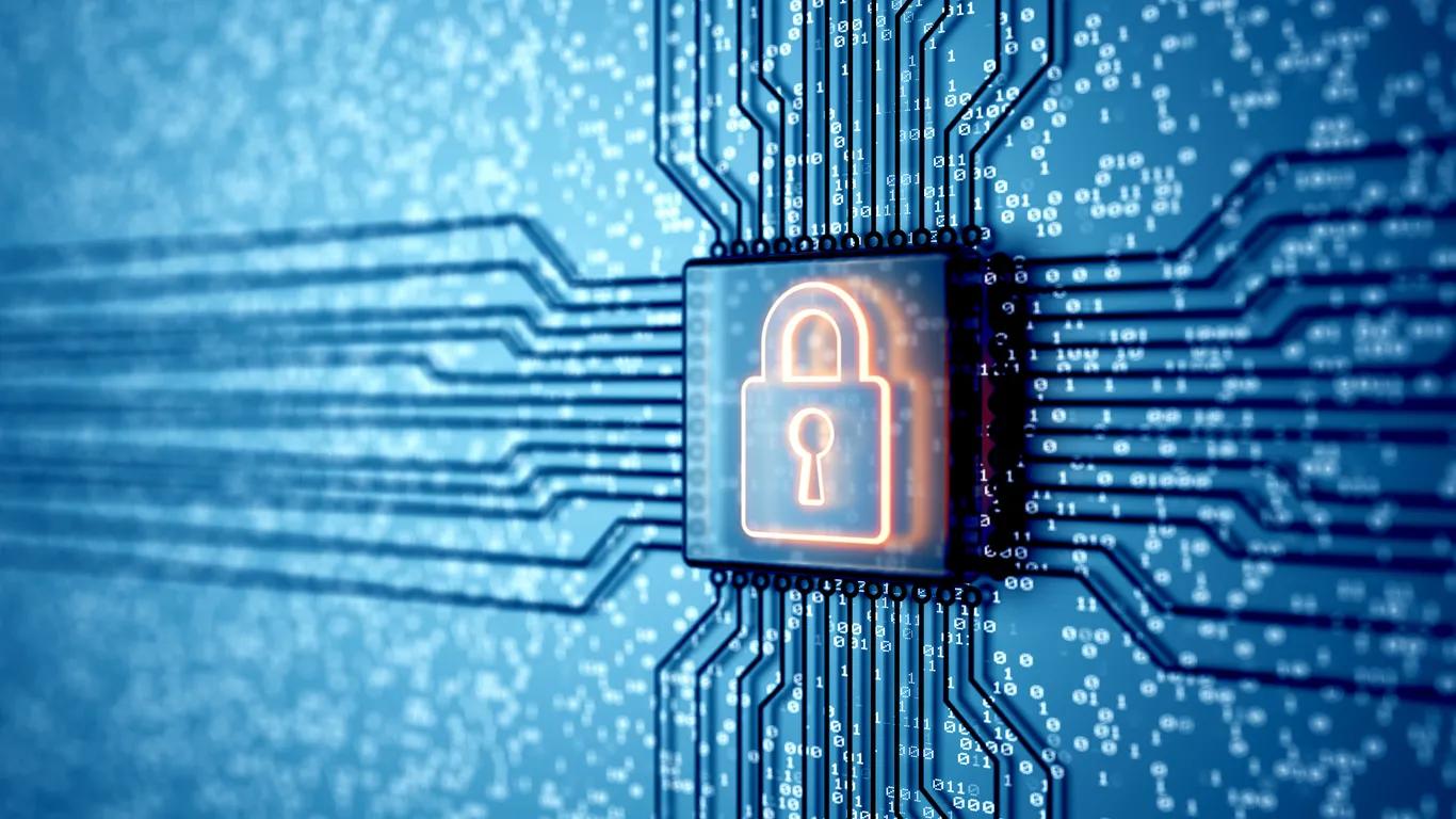 Electronic quantum computer microchip with lock icon. Internet security and privacy network technology. Encryption and safe data concept. Circuit board. 3d render.