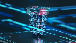 High-tech quantum computing core with layered qubit structures and holographic data flows. Ideal for representing quantum technology, next-generation computing, data science, and theoretical physics in modern tech visuals.